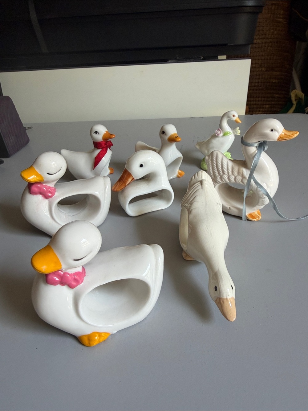 White Ceramic Duck Napkin Rings and Figurines - Set of Decorative Ducks